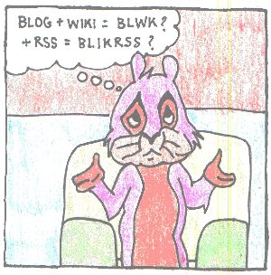 A cartoon of a forlorn rabbit trying to find an acronym for a blog+ wiki. Bubble: Blog+wiki=BLW? + RSS = BLIKRSS?